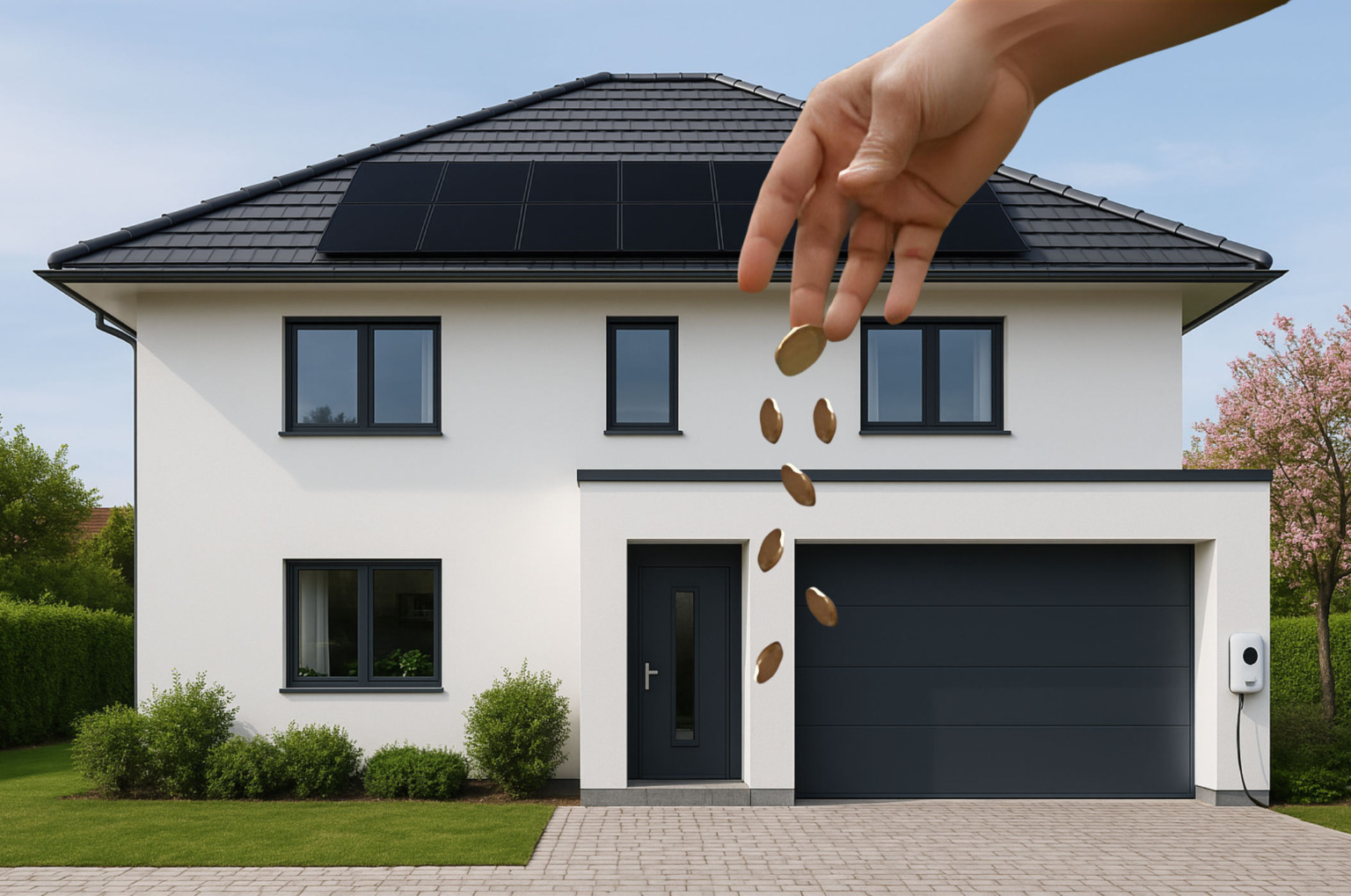 Beispielhaus mit Fullblackmodulen auf dem Dach und Wallbox