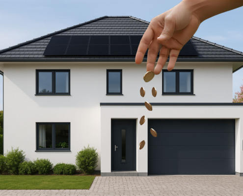 Beispielhaus mit Fullblackmodulen auf dem Dach und Wallbox